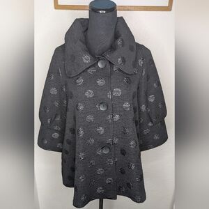 Women's Black Silver Polka Dot Jaquard 3/4 Sleeve Collared Two Button Jacket